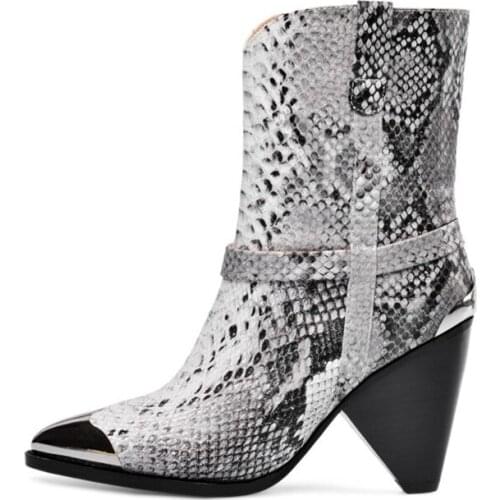 Fashion Metal Pointed Toe Women Booties Wide Calf Slip On Strange Style Heel Mid-Calf Boots Python Material Strap Female + Shoes