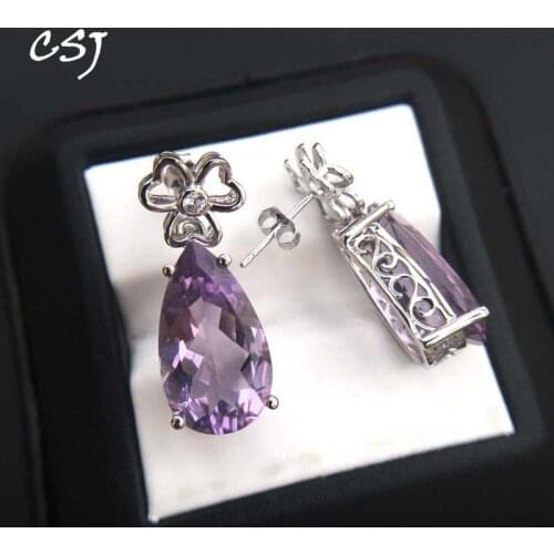 CSJ Natural Amethyst Drop Earrings 925 Sterling Silver Pear 10*18mm 13ct Fine Jewelry Women Lady Wedding Engagment Party Gift