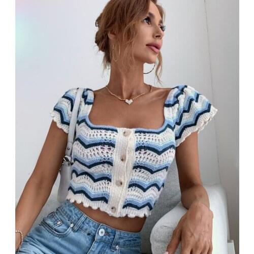 Women Button Down Crop Tops Short Sleeve Wavy Striped Print Crochet Knit T-Shirts