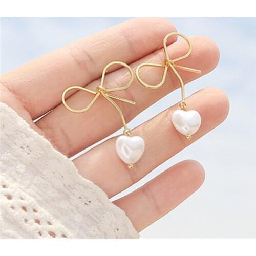 Bowknot earrings female new Golden tassels pearl earring temperament contracted long heart pearl stud earrings for women jewelry