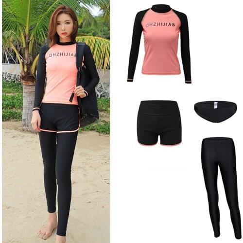 Womens 4ocs set Rash Guard Long Sleeve Swim Shirt Leggings UPF 50+ Full Body Swim Surf Bathing Yoga Jogger Suits Dive Skin Pink