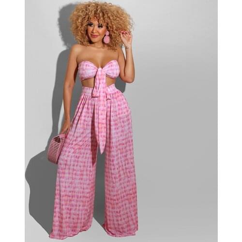 2021 Best Quality Famous Brand 2 pcs Women Set Print Slash Neck Strapless Short Tops Long Pants Summer Beach Outfits