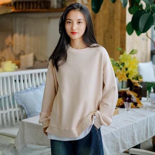 Johnature Women Pullover Autumn Sweatshirts Long Sleeve Fake Two-piece Japan Style Clothes 2021 New Female Casual Sweatshirts