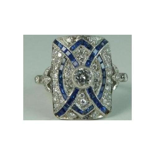 Female Vintage Retro White Blue Cubic Zircon Silver Plated Square Finger Ring for Women Exaggerate Wedding Party Ring Jewelry