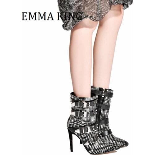 2021 Autumn Rhinestone Buckle Ankle Boots Sexy Pointed Toe Ladies Bling Crystal Boot Stiletto High Heels Party Dress Shoes Women