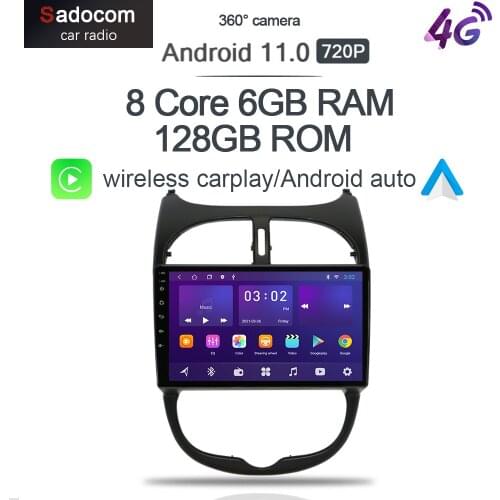 360 Camera wireless CarPlay DSP Android 10 Car Radio 6G+128G For Peugeot 206 2001-2008 4G LTE Multimedia Player GPS RDS Stereo