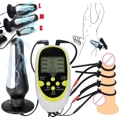 SM Electro Shock Anal Plug Man Prostate Massage Butt Plug Electric Stimulate Penis Ring Cock Extender Sex Medical Toys For Gay