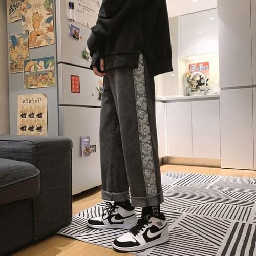Cashew flower baggy jeans mens straight tube loose spring versatile Korean fashion casual long pants fashion brand high street
