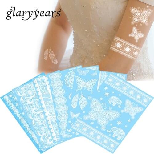 Glaryyears 14 Designs 1 Sheet White WHLC Body Tattoo Temporary Waterproof Flower Lace Tattoo Sticker Wrist Ankle Art Decal Women