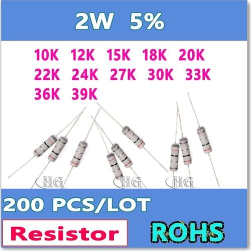 JASNPROSMA 200PCS/LOT 5% 2W 10K 12K 15K 18K 20K 22K 24K 27K 30K 33K 36K 39K carbon film DIP OHM Resistor