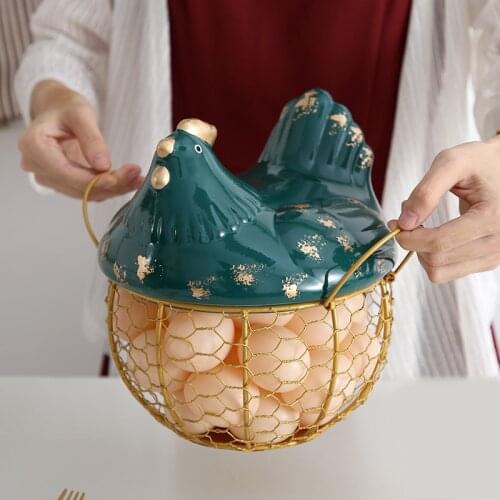 Ceramic Hen Egg Organizer Storage Basket Fruit Snacks Container Box Porcelain Metal Iron Orament Decorative Kitchen Tools