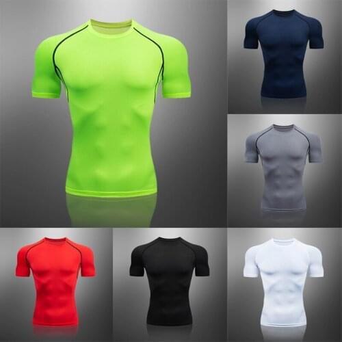 Compression Quick Dry T-Shirt Men Running Sport Skinny Short Tee Shirt Male Gym Fitness Bodybuilding Workout Black Tops Clothing