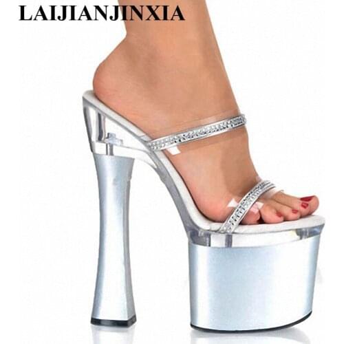 LAIJIANJINXIA Women Shoes 7 Inch High Luxury Diamond High Heel Shoes Thick Platform Princess Sandals Sexy 18cm Crystal Slippers