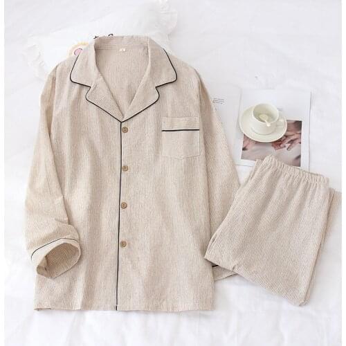 New Cotton and Linen Mens Plaid Long Sleeve Nightgown Turn-down Collar Fine Casual Men Sleepwear Eco-friendly Fabric Pajama Set