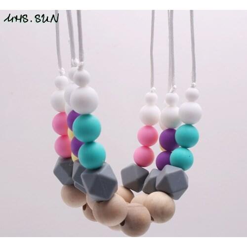 MHS.SUN Baby teething necklace safty silicone original wood beads nursing necklace chewable teether for mother and baby BPA free