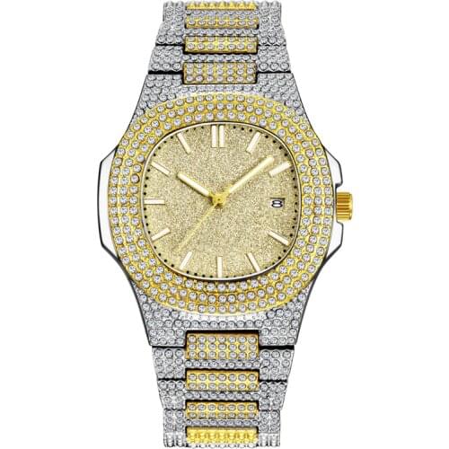 Cool Gold Diamond Watches Men Fashion Alloy Band Hip Hop Round Case Pointer Calendar Quartz Watch Montres de Marque de Luxe 1214