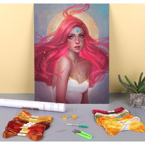 Cartoon Girl Woman Printed Water-Soluble Canvas 11CT Cross-Stitch Embroidery Patterns DMC Threads Craft Painting Decor