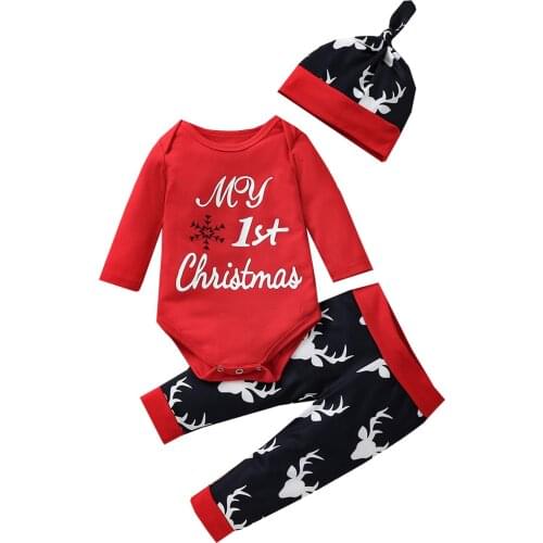 Baby Girls Boys Christmas Clothes Set Letter Print Long Sleeve O-neck Romper Top+Deer Print Trousers+Pointed Hat Outfit