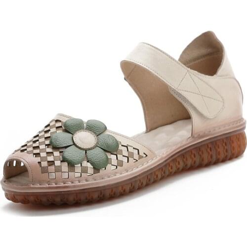 Women Sandals Flat Open Toe Non-slip Shoes Genuine Leather Woman Summer Sandals Casual Hollow Flower Female Sandals