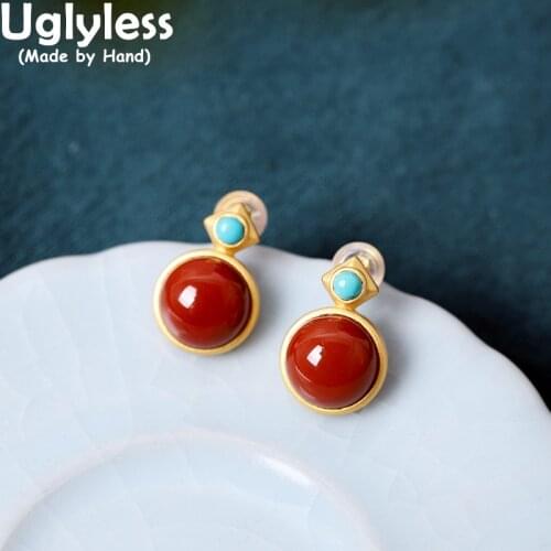 Uglyless Geometric Perfect Round Agate Jade Studs Earrings for Women Square Turquoise Earring Gold Brincos 925 Silver Jewelry