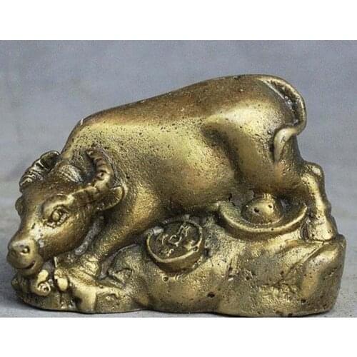 Old Chinese Feng Shui Brass Carve Wealth Yuan Bao Money Rich Bull Oxen Statue