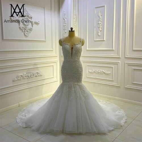 Bridal dress Cap Sleeve Lace Applique Pearls Mermaid Wedding Dress