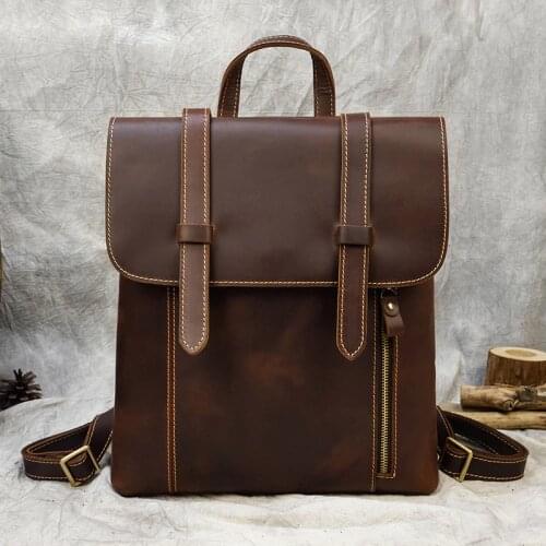 Vintage Crazy horse leather Men Backpack Brown genuine cowhide leather women rucksack daypack 14" laptop bags travel bag for man