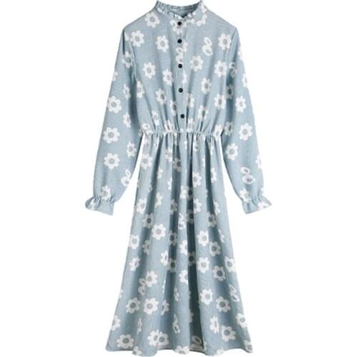 PERHAPS U Sky Blue Mandarin Collar Long Sleeve Loose Floral Print Button Knee Length Shirt Dress Corduroy Dress Autumn D1442