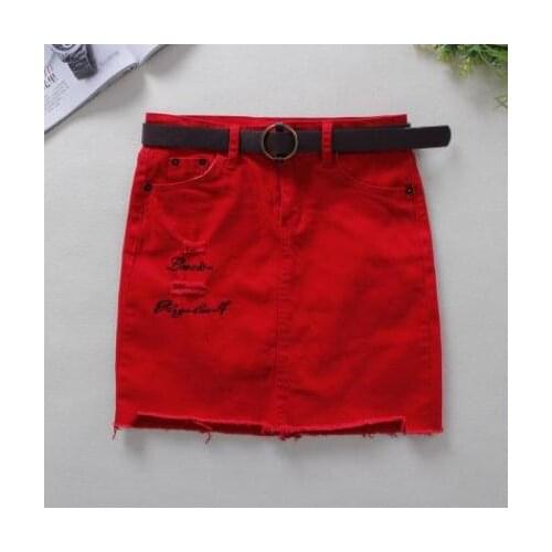 Women Embroidery Denim Skinny Pencil Skirt Red Ripped Above Knee Mini Short Skirt Saias Stretchy jeans Skirt Without Belt J2889