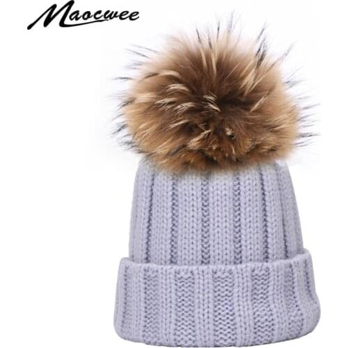 Winter Autumn Knitted Beanie Hat With Real Raccoon Fur Pom poms For Women Candy Colorful Soft Cap Outdoor Thick Warm Sports Hats