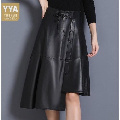 Autumn 100% Genuine Leather Skirt Women Lace Up High Waist Single Breasted Asymmetrical Skirt Knee Length A Line Skirts Female