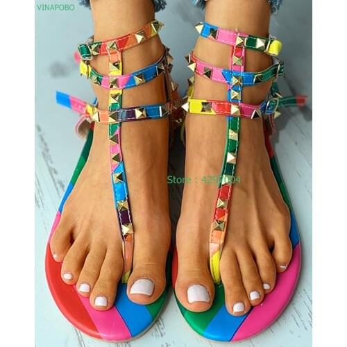 Women Summer Rainbow Sandals Fashion Narrow Band Clip Toe Flat Beach Shoes Woman Rivet Buckle Strap Casual Shoes Sandalias Mujer