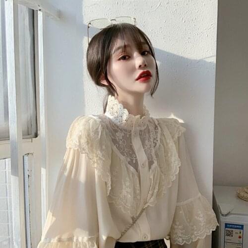 Womens Tops Vintage Lace Shirt Feminine Temperament Ruffle Lantern Sleeve Turtleneck Button Up Shirts
