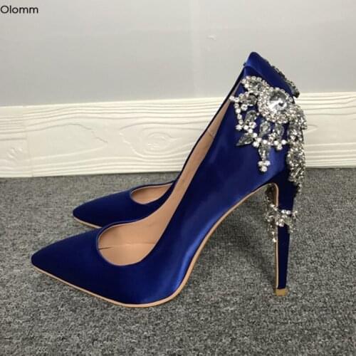 Olomm New Women Pumps Sexy Rhinestone Stiletto Heels Pumps Pointed Toe Elegant Blue Party Dress Shoes Women Plus US Size 5-15