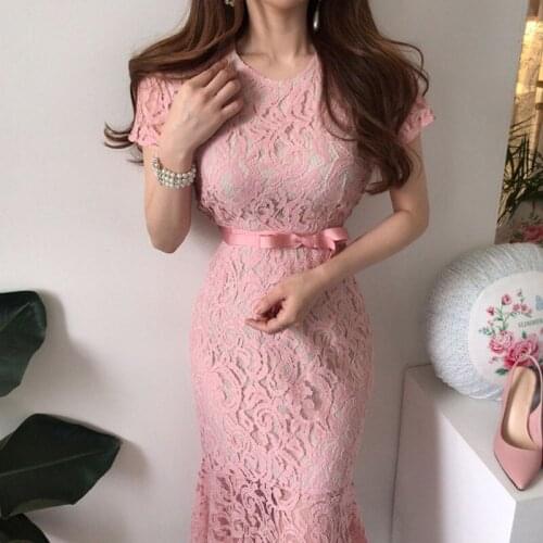2021 Summer One Piece Women Dress Elegant Slim Office Lace Hollow Out Fishtail Dress Vintage Lace-Up Pink Midi Party Dress Lady