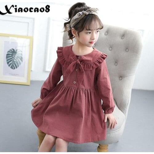 4-14Years Girl Dress Solid Long Sleeve Dresses for Girls Toddler Baby Fall Clothes Kids Bow Lace Coallar Princess Dress Vestidos