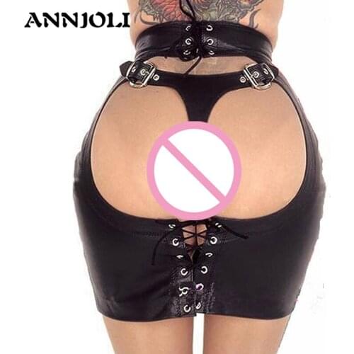 ANNJOLI That Burning Love Sexy PU Leather Bandage Dress Mooning Spanking Skirt Fetish Erotic Costumes Hot Sexy Lingerie