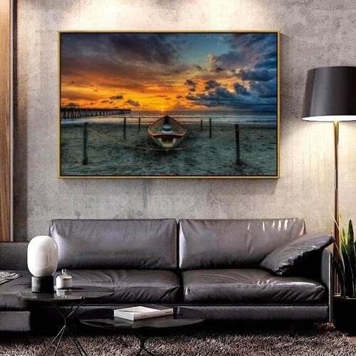 Artcozy Boat Beach Sunset Oil Canvas Painting for Home Decoration Wall Art Canvas Printings Landscape Spray Painting Single