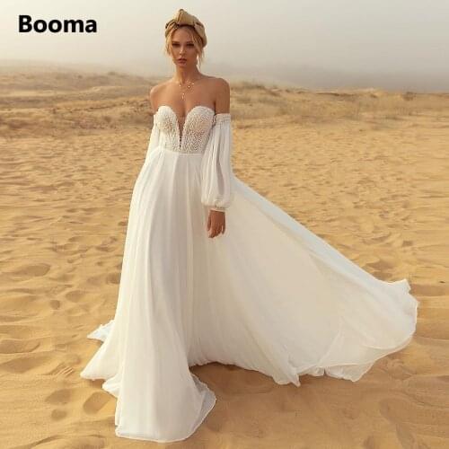 Booma Off the Shoulder Boho Wedding Dresses Long Sleeves Sweetheart Chiffon Beach Bride Dresses Lace Top Open Back Wedding Gowns
