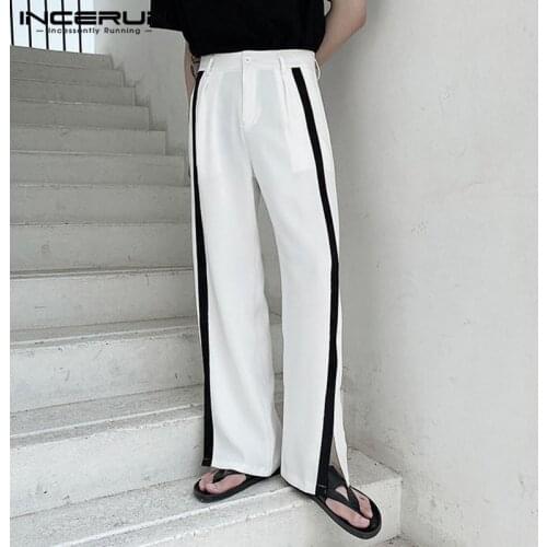 Man Pockets Straight Joggers Leisure Zipper Pantalones Masculina INCERUN Men Casual Pants Fashion Patchwork Loose Trousers S-5XL