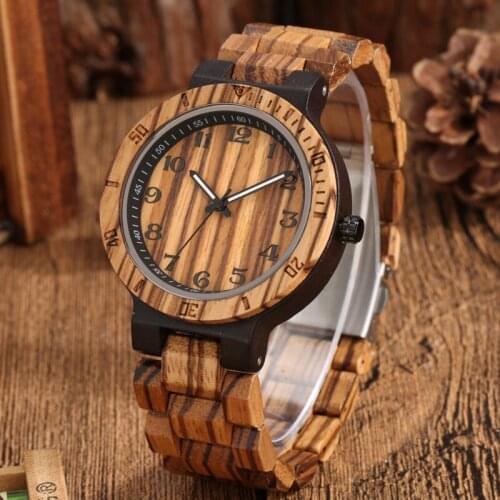 Antique Nature Wood Watches Quartz Analog Clock for Men Full Wooden Bracelet Strap Roman Arabic Numeral Display Luminous Hands