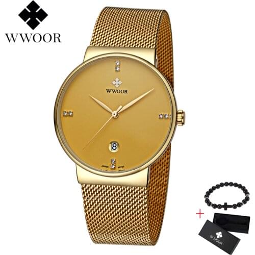 WWOOR Top Luxury Brand Quartz watch men Casual stainless steel Mesh strap ultra thin clock male Sports watches relogio masculino