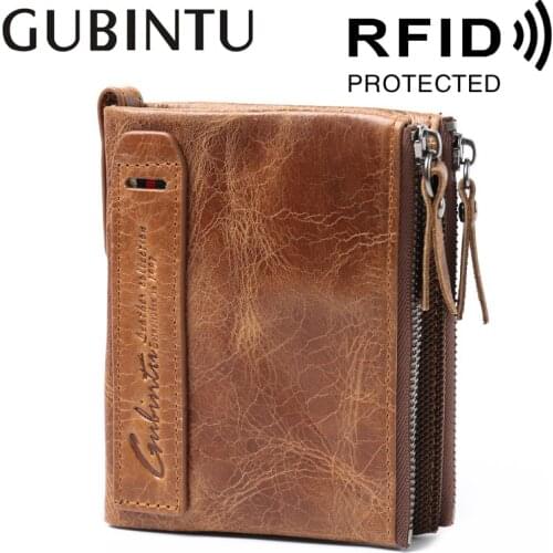 GUBINTU Retro Genuine Leather Wallet RFID Mens Coin Purse Crazy Horse Cowhide Card Holder Double Zipper Wallet
