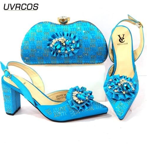 Italain Design New Arrival Nigerian Fashion Classic Style Sky Blue Color Elegant Ladies Shoes and Bag Set for Party Wedding