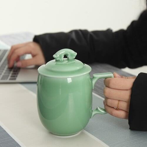 Coffee Mug Teacups 13.5oz Porcelain Cup with Lid Chinese Style Ceramic Drinkware Microwave and Dishwasher Safe Celadon Tableware