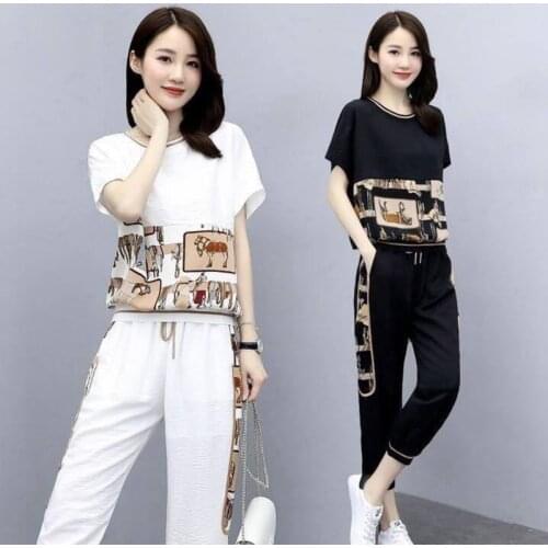 Pants Sets Crop Top Leisure Sports Suit Womens Summer Short Sleeve Loose Versatile Corset Sweatsuit Blouses Clothes Plus Size