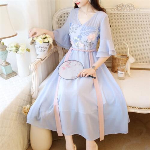 Traditional Chinese Style Hanfu Costume 2020 Summer Women Embroidery Vintage Daily Fairy High Waist Short Sleeve Chiffon Dresses