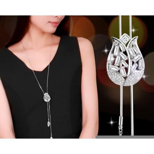 LWMMD Unique Artificial Crystal Tulip Pendant Sweater Necklace Silver Color Chain Long Necklace for Women necklace