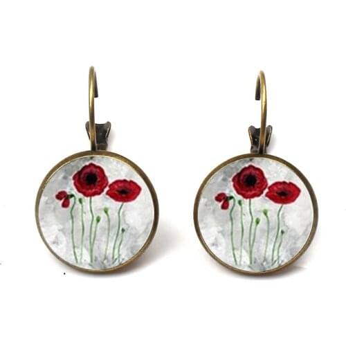New Red Poppy Art Earrings Handmade Round Glass Dome Field Of Poppies Flower Stud Earrings Brincos Vintage Jewelry Wholesale
