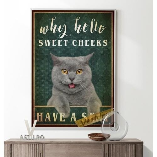 Original Art Funny Animal Poster Grey Cat Canvas Painting Bedroom Wall Hanging Decor Kitty Lover Gift Retro Art Prints Decorate